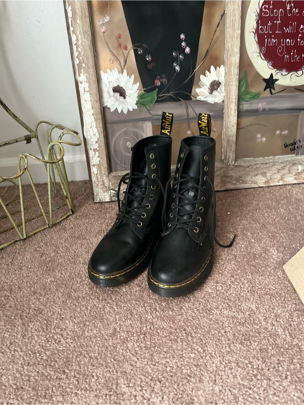 Dr. Martens Black Leather Combat Boots with Yellow Stitching